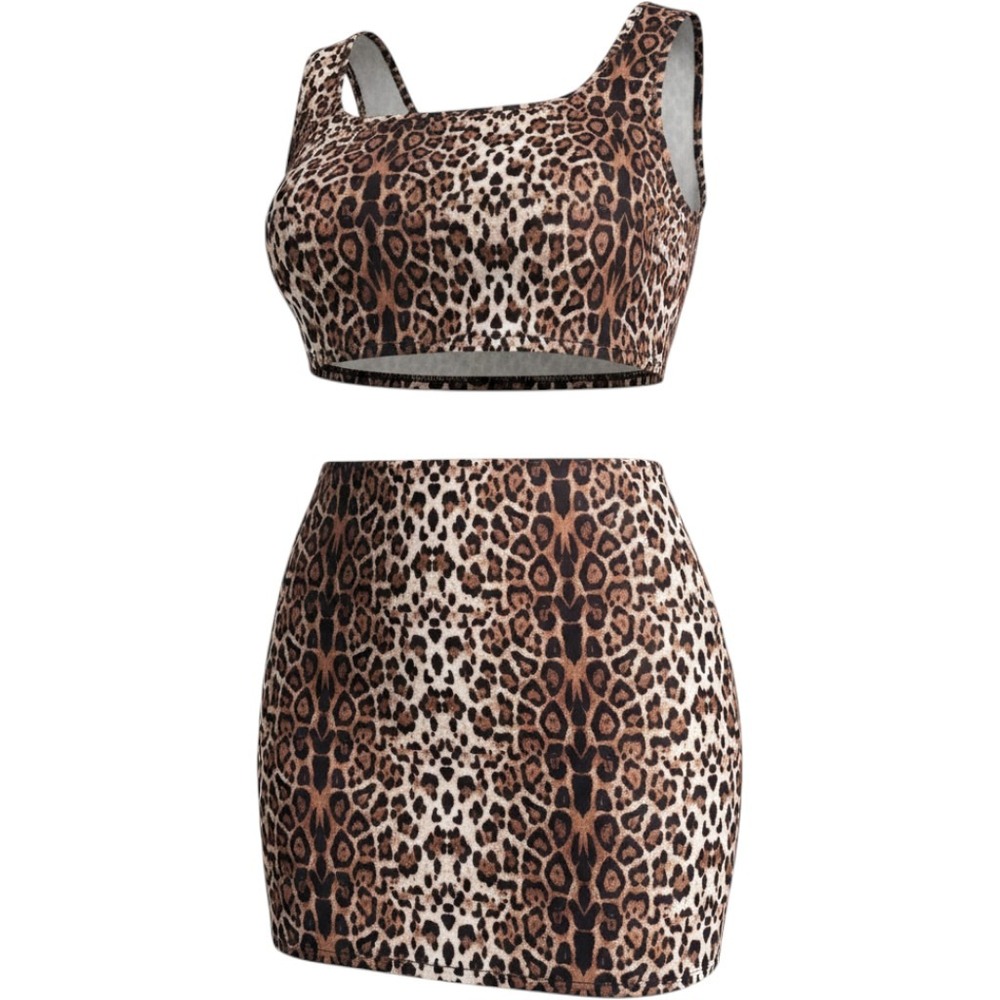 Mob Wife Leopard Print Tank Crop Top & Mini Skirt Set 3XL Stretch